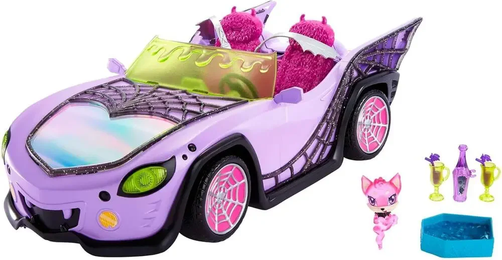 Monster High Toy Car, Ghoul Mobile with Pet and Cooler Accessories NWT